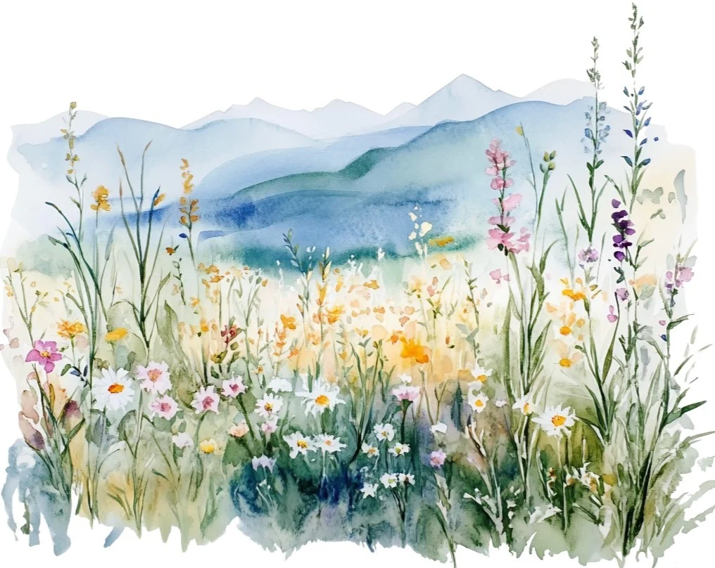 Watercolor wildflower meadow below the mountains